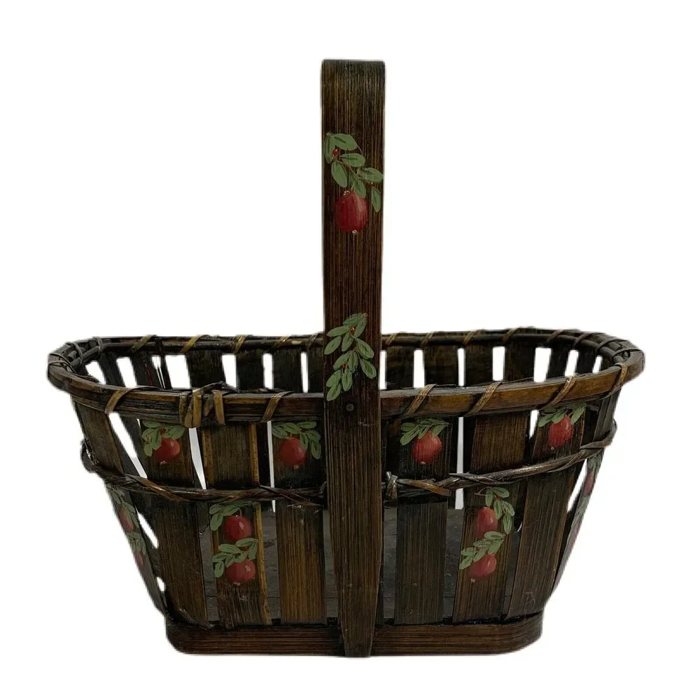 Vtg Hand Painted Basket Apples Reed  Artist Signed 90s Vintage Country Farmhouse